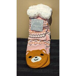 Sherpa Critter Socks With Bear One Size Fits Most  Soft Warm & Non-Slip Pink